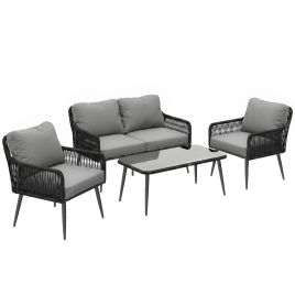 Primont Black Glass PE Rattan 4 Pieces Garden Sofa Set - 118cm