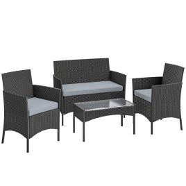 GLYCROF 4 Piece Rattan Garden Furniture Set with Loveseat, Armchairs, Coffee Table and Cushions - Black and Grey