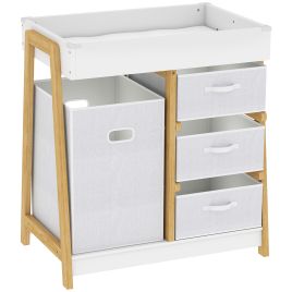 LAMBERHURST Baby Changing Table with Waterproof Pad, 3 Drawers and Storage Basket - White and Natural Wood