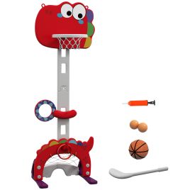 LETCHWORTH 5 in 1 Dinosaur Basketball and Golf Game Set with Adjustable Stand for Kids - Red