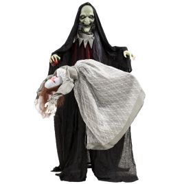 CHORLEY Animated Standing Witch and Floating Ghost Halloween Decoration with Rising and Falling Motion - Black and Grey