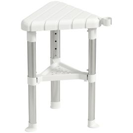 TRING Height Adjustable Aluminium Corner Shower Stool with Storage Shelf - Silver Tone and White