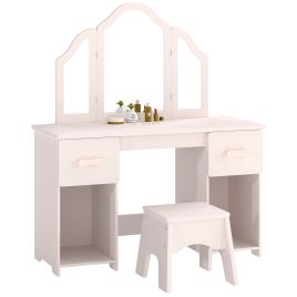 WIRKSWORTH Kids Dressing Table and Chair Set with Folding Mirror, 2 Drawers and 2 Cabinets - Light Pink, White and Natural Wood
