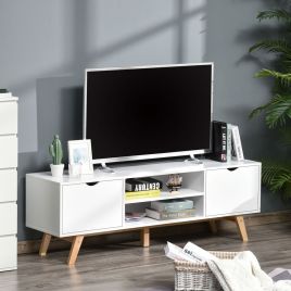 Elegant TV Stand With Storage Unit Wood Legs - White