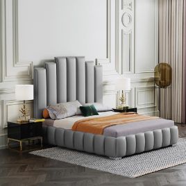 Leisa Plush Velvet Fabric Bed, Grey Colour - 5 Sizes