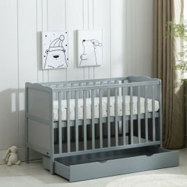 Solid Pine Wooden Baby Cot Bed With Drawer and Mattress - Grey, White