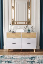Chic White Storage Cabinet with Patterned Top Drawers and Tapered Legs