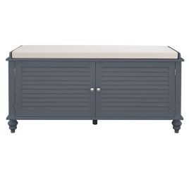 Wooden Shutter Door Shoe Cabinet Storage Bench with Linen Cushion