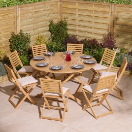OXRYN Garden 8 Seater Round Table and Chair Set - Oak Finish
