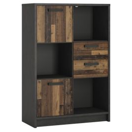 Romania Low Bookcase with 2 Doors and 2 Drawers - Walnut and Dark Matera Grey