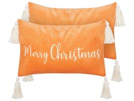 Lithops Set of 2 Velvet Cushions Christmas Motif with Tassels 30 x 50 cm - Orange