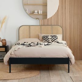Rattan Curved Headboard Styled Solid Slats Black Bed - Kingsize 5ft