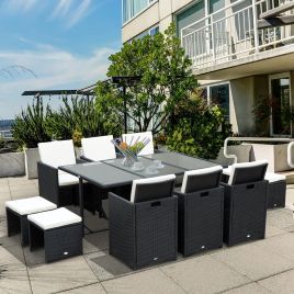 11PC Rattan Garden Dining Table Set - Black