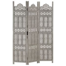 Hand carved 3-Panel Room Divider Grey 120x165 cm Solid Mango Wood