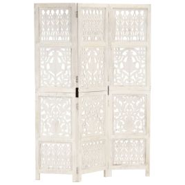 Hand carved 3-Panel Room Divider White 120x165 cm Solid Mango Wood