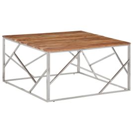 Coffee Table Silver Stainless Steel and Solid Wood Acacia - vid-349959