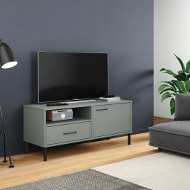 TV Cabinet with Metal Legs Grey Solid Wood Pine OSLO