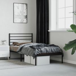 Metal Bed Frame with Headboard Black 100x190 cm