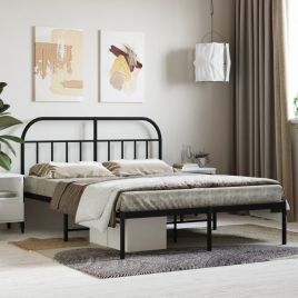 Metal Bed Frame with Headboard Black 140x190 cm