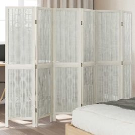 Room Divider 6 Panels White Solid Wood Paulownia - vid-358681