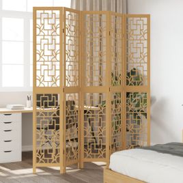 Room Divider 5 Panels Brown Solid Wood Paulownia - vid-358872