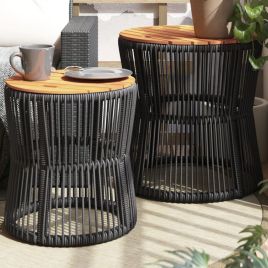 Garden Side Tables 2 pcs with Wooden Top Black Poly Rattan