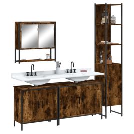 4 Piece Bathroom Furniture Set Smoked Oak Engineered Wood - vid-3214692
