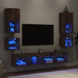 8 Piece TV Wall Units with LED Smoked Oak Engineered Wood