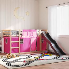 Bunkbed with Slide and Curtains Pink 90x190cm Single