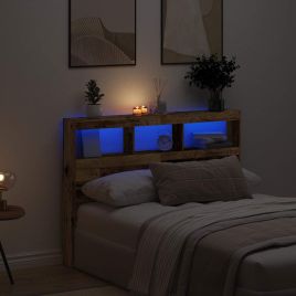 Headboard Cabinet with LED Old Wood 140x17x102 cm