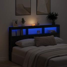 Headboard Cabinet with LED Black Oak 180x17x102 cm