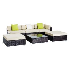 5-Seater Rattan Sofa Coffee Table Set Sectional Wicker Weave Furniture for Garden Outdoor Conservatory w/ Pillow Cushion Brown