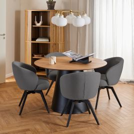SOIL Round Dining Table in Oak and Black Included 4 Dining Chair with Armrest and Swivel Function in Grey