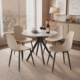 NEXO Sintered Stone Round Dining Table with 4 Curve Plastic Chairs - Gloss White with Calico