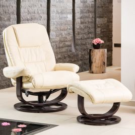 Armchair - THERAVO Leather Swivel Recliner Chair with Stool - Cream