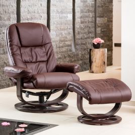 Armchair - THERAVO Leather Swivel Recliner Chair with Stool - Burgundy