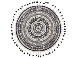 Round Cotton Area Rug with Tassels 120cm Cream and Navy Blue
