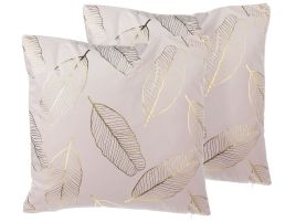 Set of 2 Velvet Cushions Leaf Pattern 45x45cm Pink