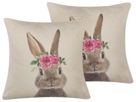 Set of 2 Cushions Rabbit Print 45x45cm Taupe