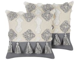 Set of 2 Tufted Cotton Cushions with Tassels 45x45cm Beige and Grey