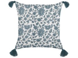 Cotton Cushion Floral Pattern with Tassels 45x45cm White and Blue