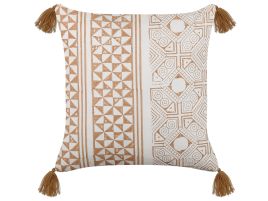 Cotton Cushion Geometric Pattern with Tassels 45x45cm Light Brown and White