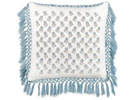 Fringed Cotton Cushion Floral Pattern 45x45cm White and Blue