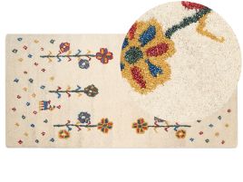Wool Gabbeh Area Rug with Floral Pattern 80x150cm Beige