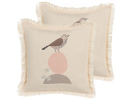 Set of 2 Fringed Cushions Bird Motif 60x60cm Beige