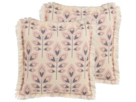 Set of 2 Fringed Cushions Leaf Pattern 60x60cm Beige
