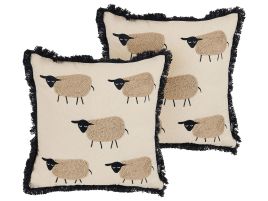 Set of 2 Fringed Cushions Sheep Motif 45x45cm Beige