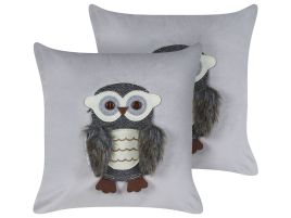 Set of 2 Velvet Kids Cushions Owl Motif 45x45cm Grey