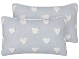 Set of 2 Cotton Cushions Embroidered Hearts 30x50cm Grey