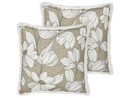 Set of 2 Fringed Cotton Cushions Floral Pattern 45x45cm White and Green